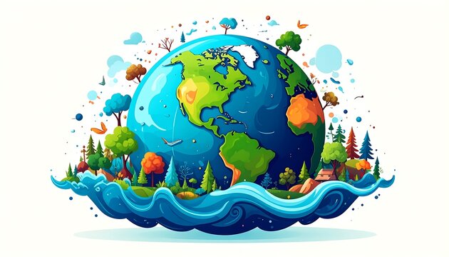 A vibrant illustration of Earth, complete with diverse flora and fauna, resting on a stylized wave, showcasing a colorful, cartoonish aesthetic.