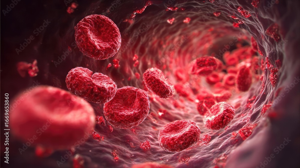 Poster hyperlipidemia 3d render blocked artery concept. close-up view of red blood cells flowing through a 