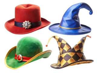  A collection of four hats including a jester hat, pirate hat, cowboy hat, and wizard hat isolated on  white Background ,PNG.AI .Generated.