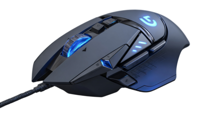 Ergonomic wired RGB gaming mouse — high-resolution, clean-edge PNG-style isolated cutout with transparent-background feel, dynamic lighting and textured scroll wheel — ideal for product mockups, UI/UX