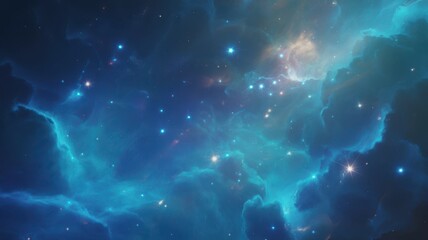 Vibrant blue and turquoise nebula with glowing stars, cosmic dust, and ethereal gas clouds in deep space, a stunning celestial panorama