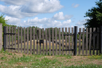 Gates made of old boards on the background of the sky with clouds