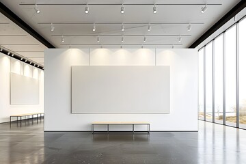 Picture exposition modern gallery,open space.Blank white empty canvas hanging contemporary art museum.Interior loft style concrete floor,light spots,generic design furniture and building.3d rendering