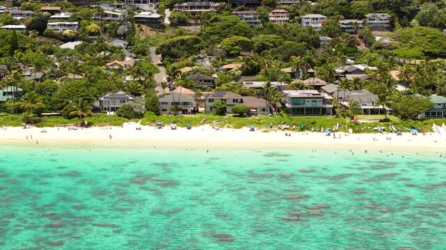 Lanikai Beach, Kailua Oahu Island, Hawaii USA. Aerial View of Sandy Shore and Residential Neighborhood