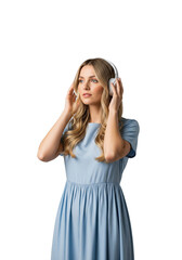 Naklejka premium Thoughtful Young Woman Listening to Music on Headphones, Isolated on Transparent Background