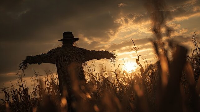 Silhouette scarecrow at sunset in a field - Powered by Adobe