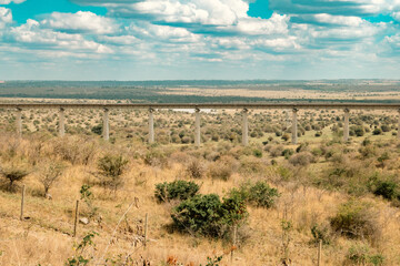View of a bridge on a railway line at Nairobi Mombasa Standard Gauge Railway passing through Nairobi National Park in Kenya
