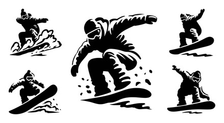 Black Silhouette Snowboarder Performing Various Tricks on Snowy Slopes