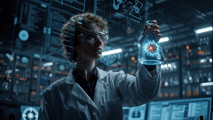 Scientist in lab coat and goggles holding a glowing flask with energy effect, symbolizing innovation, research, and advanced science in a dark laboratory. - Powered by Adobe