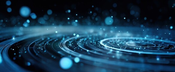The glowing concentric digital rings and particles on a futuristic blue circuit surface
