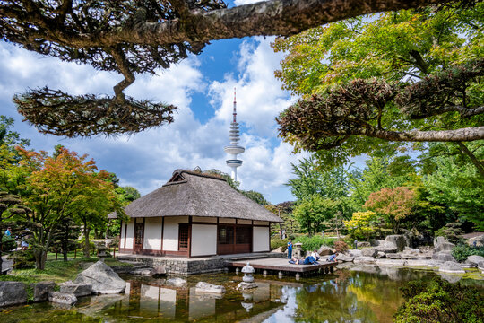 Traditional Japanese garden house and pond with Hamburg television tower