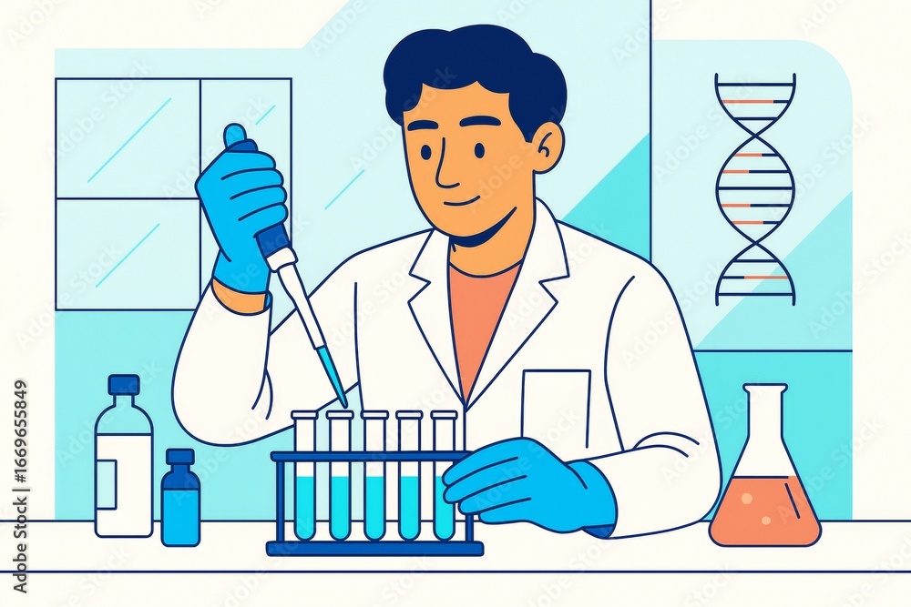 Aufkleber scientist working with test tubes and pipette in laboratory setting, illustrated in flat abstract st