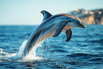 Fototapeta premium A dolphin leaps from the water in a sunny ocean view