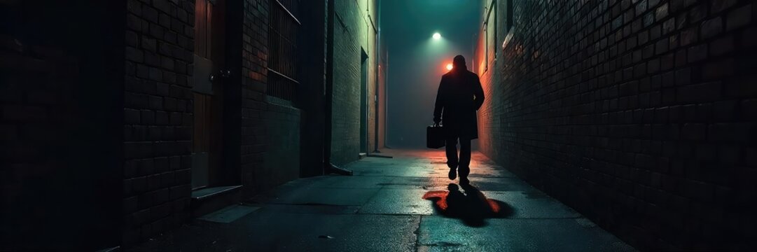 A shadowy figure in a dimly lit alleyway, clutching a briefcase, disappears into the darkness The scene is evocative of clandestine meetings and secret operations , intelligence, thriller, hidden