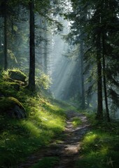 Fototapeta premium Sunlit Forest Path Misty Morning in the Woods