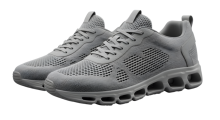 Gray mesh trainers show texture, unique soles, set against black. Perfect for product photography, athletic branding, posters, and active lifestyle promos.