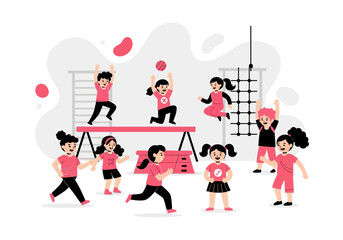 Active Children Engaging in Physical Activities in a Gymnasium.