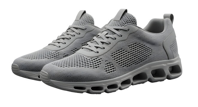 Gray mesh trainers show texture, unique soles, set against black. Perfect for product photography, athletic branding, posters, and active lifestyle promos.