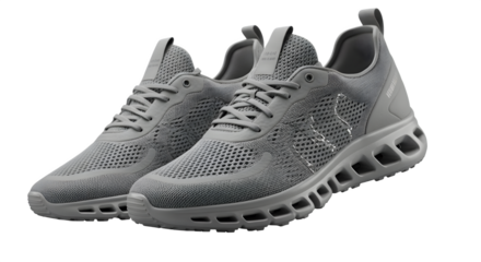 Gray athletic sneakers with mesh texture shine on a dark surface. Suitable for product photography or fashion branding.