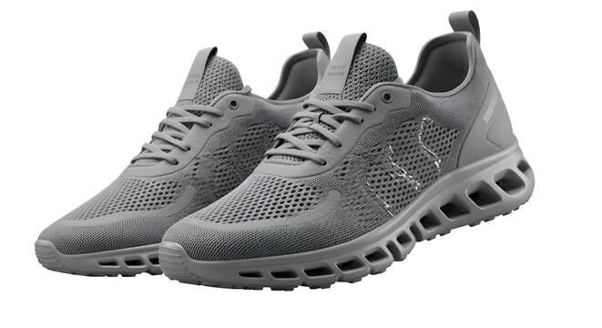 Gray athletic sneakers with mesh texture shine on a dark surface. Suitable for product photography or fashion branding. - Powered by Adobe