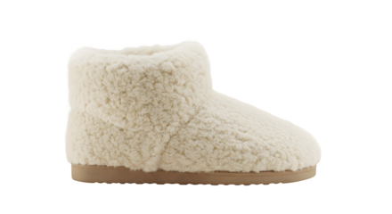Cream fuzzy slipper on black stands ready for winter comfort. Perfect for product photography, e-commerce, or blog promotions.
