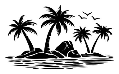 Fototapeta premium Tropical Island Scene with Palm Trees and Calm Water Reflection