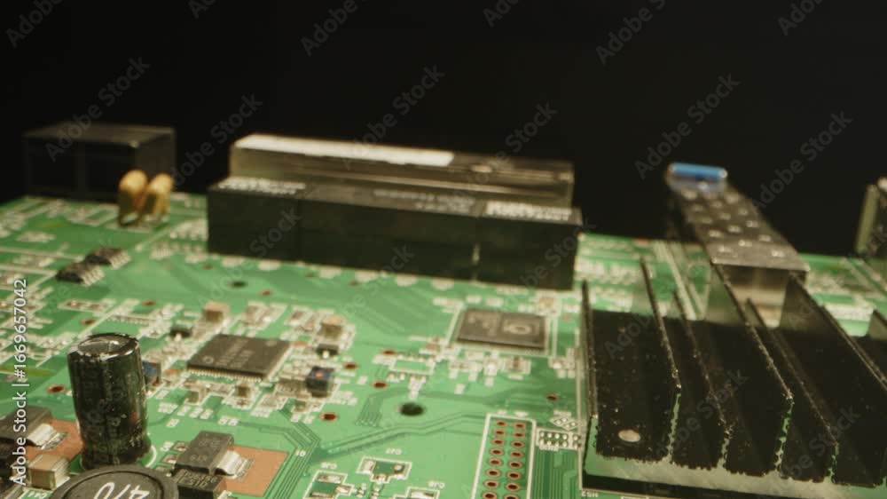 Poster beautiful macro dolly in of a circuit board in a dark studio