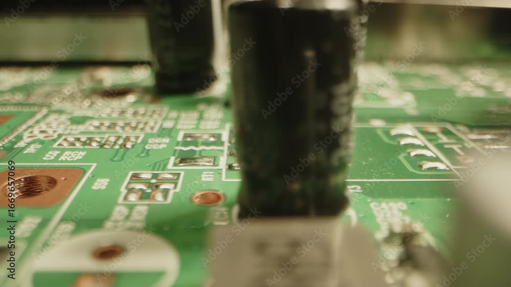 Poster beautiful macro dolly of components on a printed circuit board in slow motion