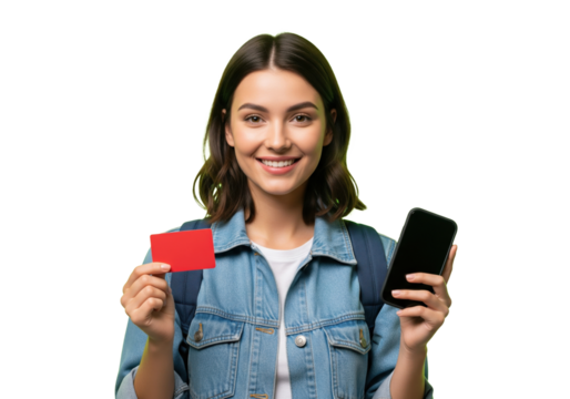Smiling Student Holding a Credit Card and blank Smartphone, Isolated on Transparent Background

