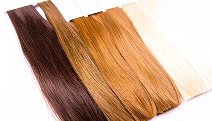 Fototapeta premium A variety of hair color swatches arranged on a white background, showcasing diverse shades of brown and blonde.