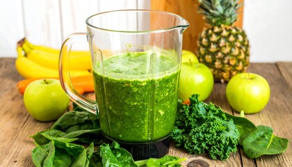 Green smoothie in blender, surrounded by fruits and vegetables on wooden surface