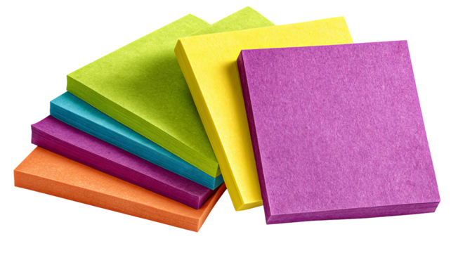 Square sticky notes set — colorful paper sheets isolated on transparent background, high-res PNG-style cutout for mockups, school & office stationery, bullet journals, planners, branding, web & app UI