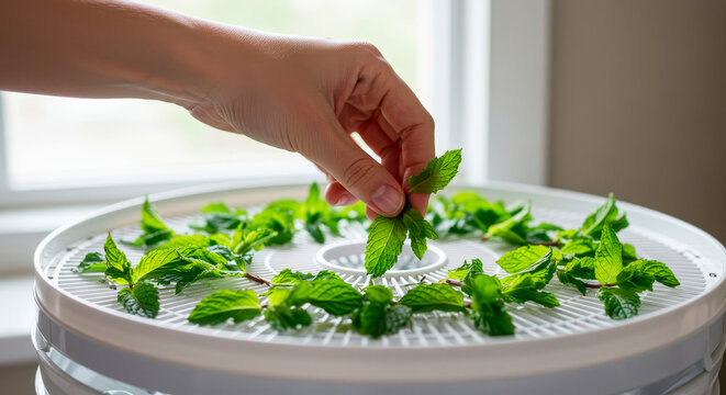Woman drying fresh aromatic mint leaves on a food dehydrator for culinary herbs and tea. Home gardening and cooking concept with organic produce.