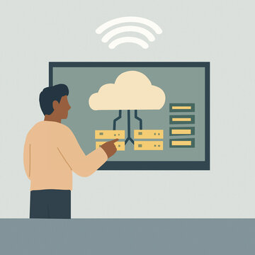 Man interacting with cloud computing data flow interface illustration