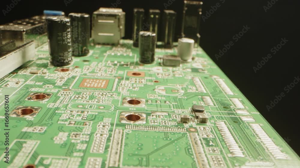Poster beautiful long macro shot of a circuit board with components such as diodes, transistors and microch