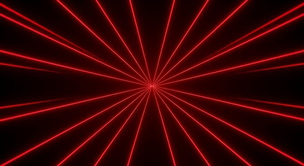 Red neon tunnel with glowing light streaks converging toward black center, red laser beams converge futuristic speed lines in perspective illusion, technology presentation, cyberpunk corridor effect