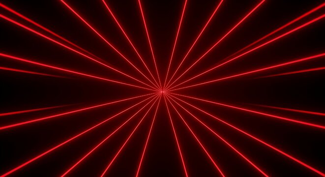 Red neon tunnel with glowing light streaks converging toward black center, red laser beams converge futuristic speed lines in perspective illusion, technology presentation, cyberpunk corridor effect