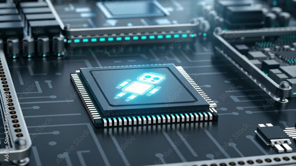 Poster ai chatbot for healthcare support and customer service with glowing robot icon microchip circuit boa