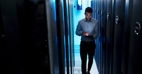 Man, tablet and scroll for programming in server room, report or checklist for IT solution at company. Person, cybersecurity and assessment with app, review and information technology at data center