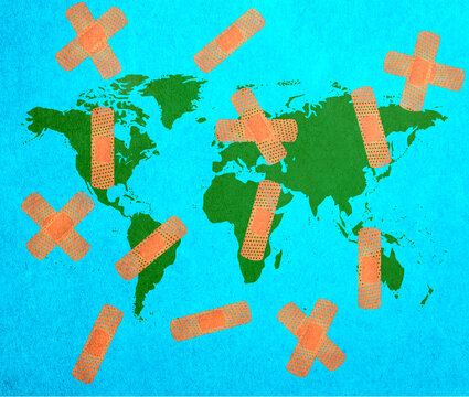 Conceptual illustration of world map with sticking plasters representing global crisis