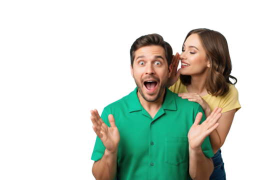 Young Woman Whispering a Secret to a Surprised Man, Isolated on Transparent Background

