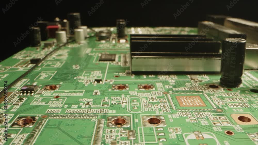 Poster beautiful macro view of a circuit board with microchips and diodes in a black studio