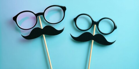 The novelty glasses and mustache photo props on pastel blue background for parties