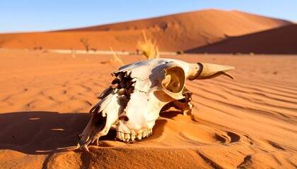 Bleached Animal Skull on Orange Sand Dune with Blurred Background