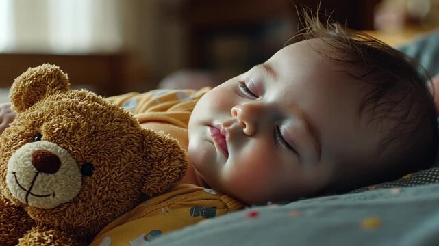 close-up shot of Heartwarming adorable baby sound asleep with cuddling soft brown teddy bear for conveying cozy patterned blanket serene innocence comfort new parenthood concept