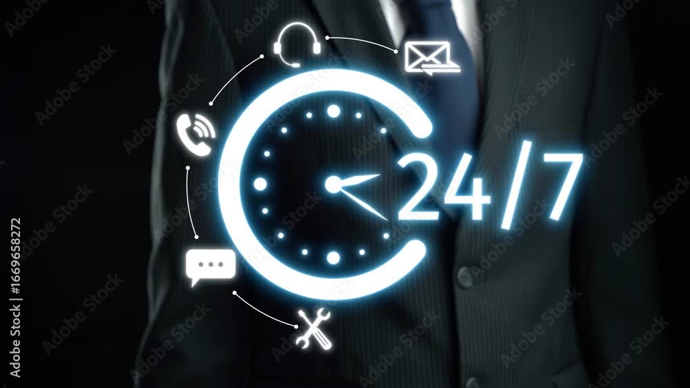 Poster this image illustrates a modern business concept with a glowing clock design representing 24 hour su