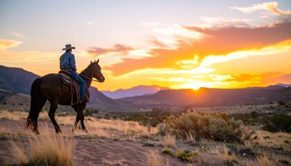 Silhouette of a horse rider Riding a Horse into the Desert Sunset, Generated with AI.