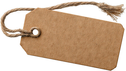 Brown kraft paper tag with twine — blank label isolated on transparent background, high-resolution PNG cutout for retail pricing, gift tags, packaging and branding mockups, e-commerce product