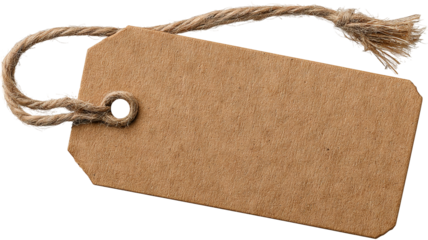 Brown kraft paper tag with twine — blank label isolated on transparent background, high-resolution PNG cutout for retail pricing, gift tags, packaging and branding mockups, e-commerce product
