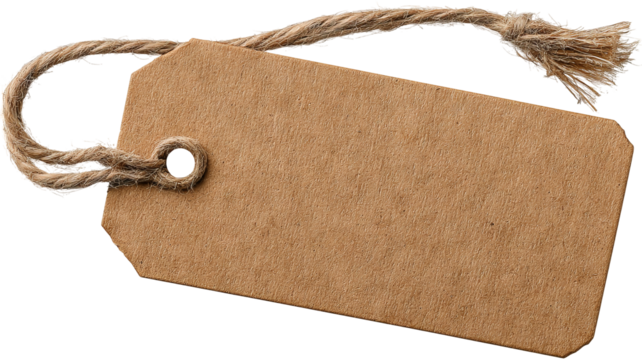 Brown kraft paper tag with twine — blank label isolated on transparent background, high-resolution PNG cutout for retail pricing, gift tags, packaging and branding mockups, e-commerce product